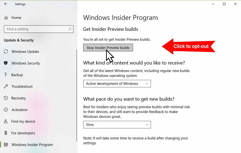 How to stop receiving insiders preview build on Windows 10?