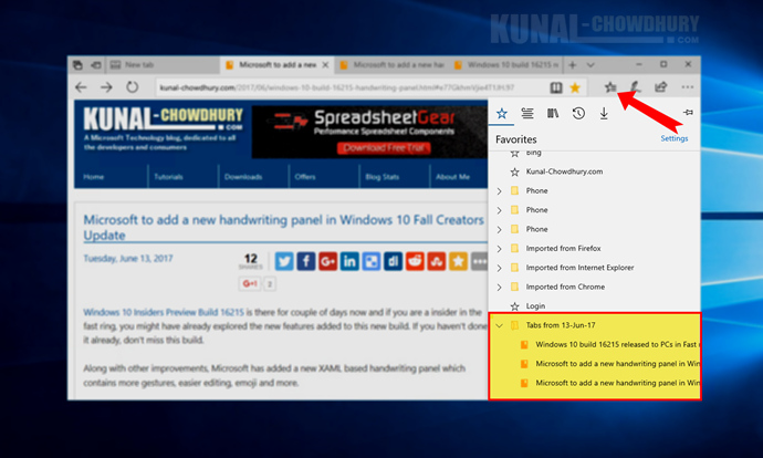 Microsoft Edge to support adding all tabs to favorites in Windows 10 Creators Update (www.kunal-chowdhury.com)