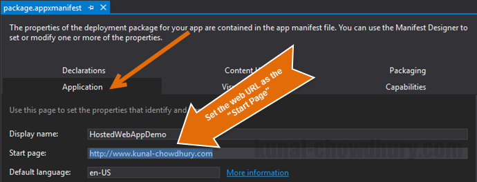 UWP Hosted app - Set the start page in manifest file (www.kunal-chowdhury.com)