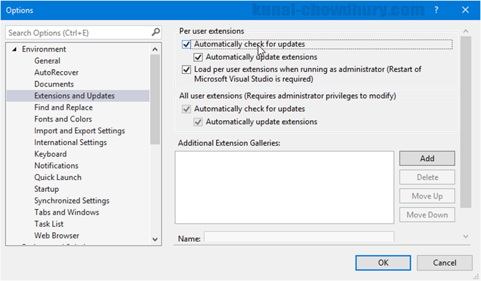 Visual Studio 2015 - Automatically check for extension updates (www.kunal-chowdhury.com)