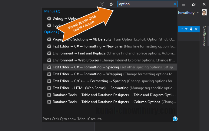 Visual Studio 2015 - Quick Launch (www.kunal-chowdhury.com)