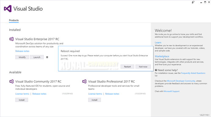 Visual Studio 2017 Installation Completion (www.kunal-chowdhury.com)