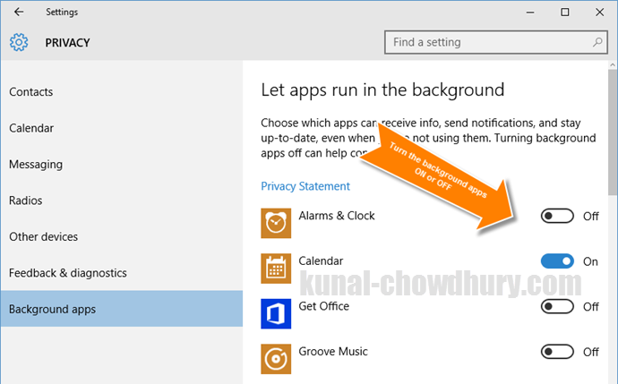 Windows 10 - How to turn ON or OFF background apps (www.kunal-chowdhury.com)