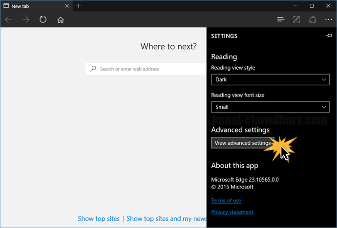 Windows 10 - Microsoft Edge - Advanced Settings (www.kunal-chowdhury.com)