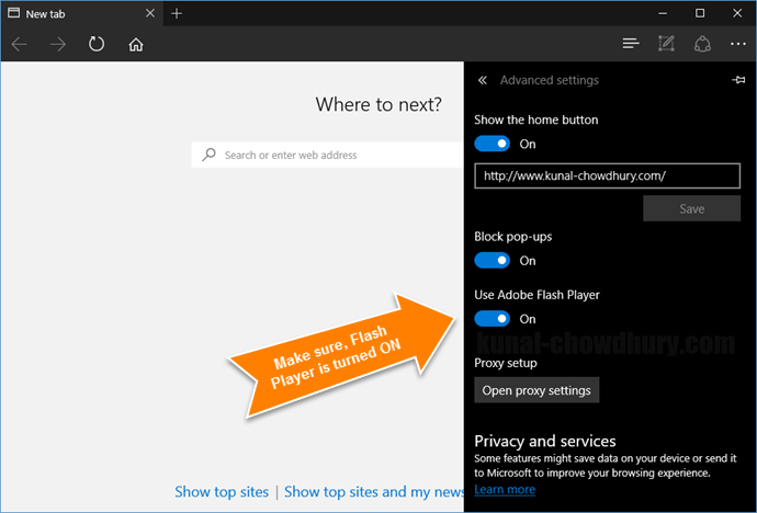Windows 10 - Microsoft Edge - Flash Player Settings (www.kunal-chowdhury.com)