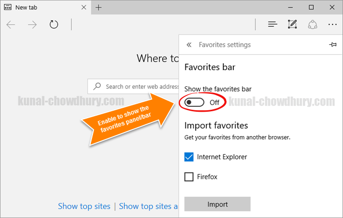 Windows 10 - Microsoft Edge - How to show favorites bar (www.kunal-chowdhury.com)