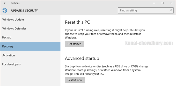 Windows 10 - Reset PC (www.kunal-chowdhury.com)