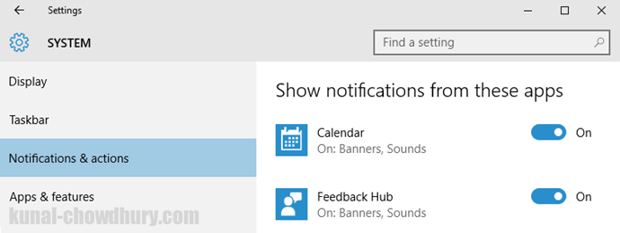 Windows 10 - Settings - Notifications & actions (www.kunal-chowdhury.com)