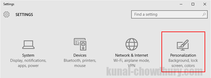 Windows 10 - Settings - Personalization (www.kunal-chowdhury.com)