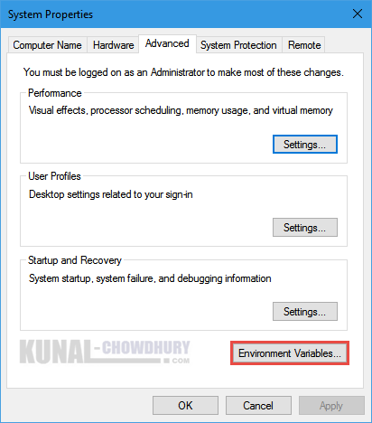 Windows 10 Advance System Settings Page (www.kunal-chowdhury.com)