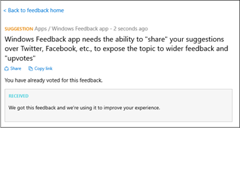 Windows 10 Feedback app with sharing option