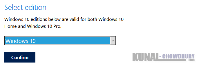 Windows 10 ISO Image Download - Confirm Selected Edition (www.kunal-chowdhury.com)