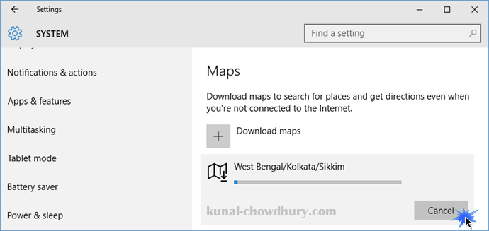 Windows 10 Offline Maps - Cancel a offline map download (www.kunal-chowdhury.com)