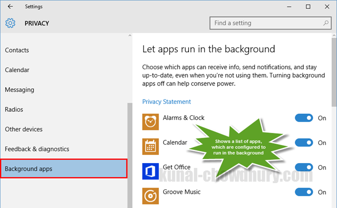 Windows 10 Settings - Privacy - Background apps (www.kunal-chowdhury.com)