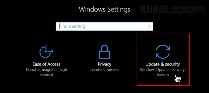 Windows 10 Settings - Update and Security (www.kunal-chowdhury.com)