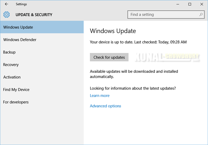 Windows 10 Update page (www.kunal-chowdhury.com)