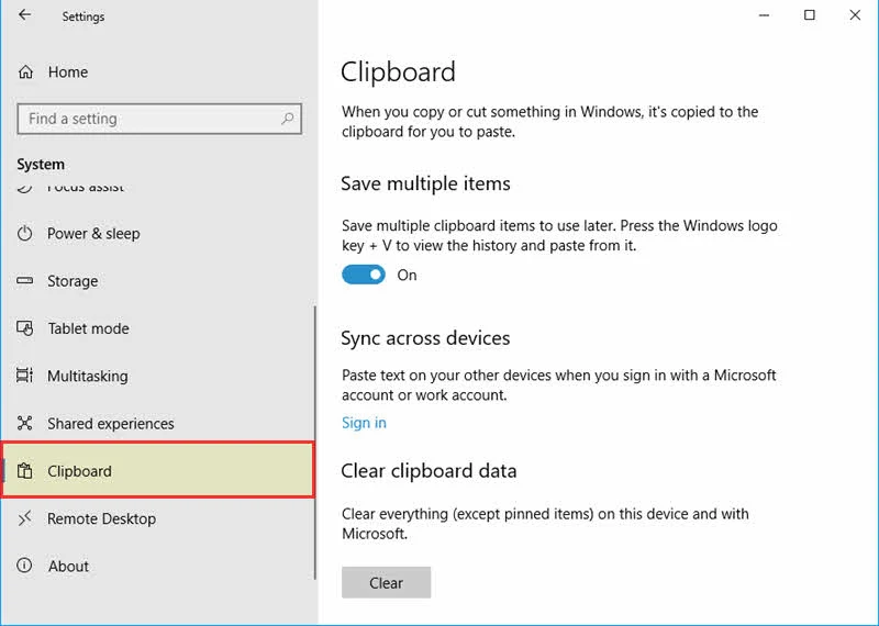 Windows 10 Clipboard Settings Page