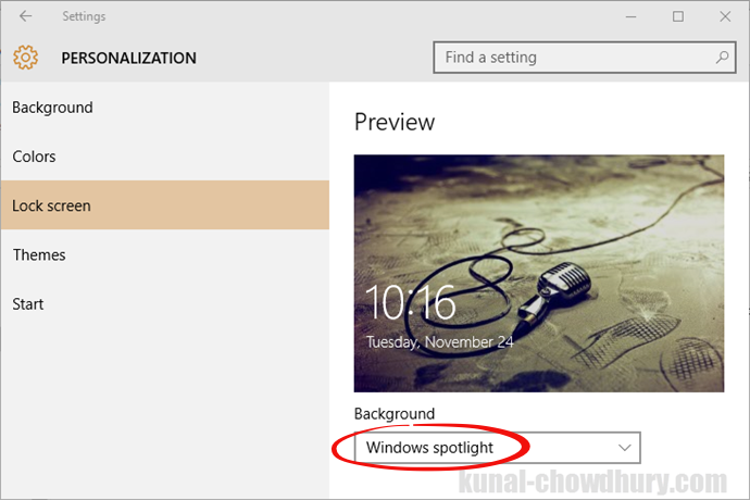 Windows 10 November Update - Lock Screen image from Windows Spotlight (www.kunal-chowdhury.com)