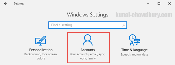 Windows 10 Settings - Accounts (www.kunal-chowdhury.com)