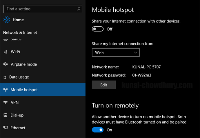 Windows 10 Settings - Network & Internet - Mobile hotspot (www.kunal-chowdhury.com)