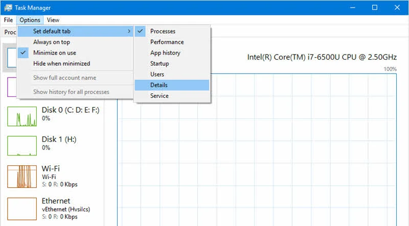 How to set default tab of Task Manager in Windows 10?