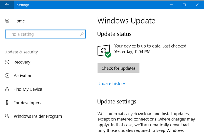 Windows 10 Update Settings page (www.kunal-chowdhury.com)