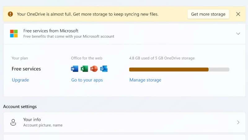 Windows 11 will add OneDrive storage alert and subscription management