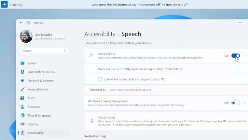 Voice Access experience for Windows 11
