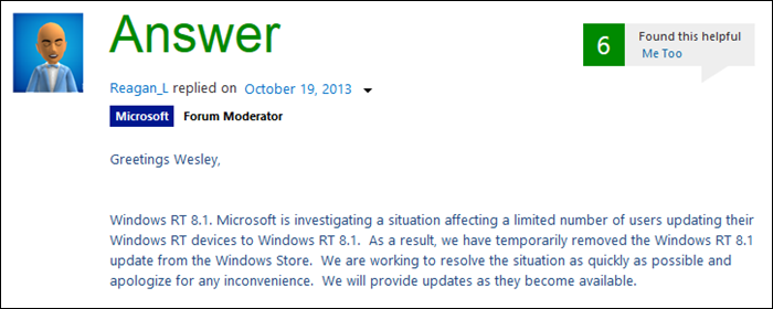 WinRT 8.1 update is currently on hold