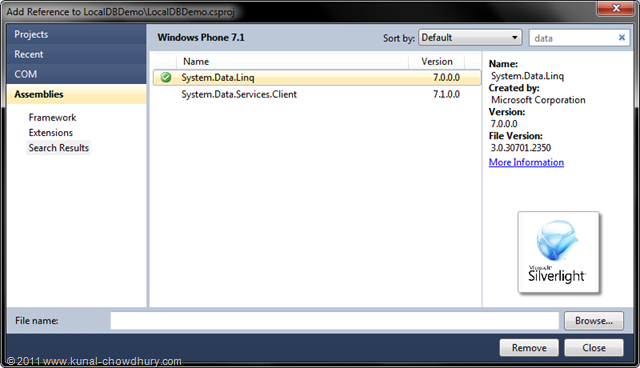 WP7.1 LocalDBDemo - Adding System.Data.Linq Assembly Reference